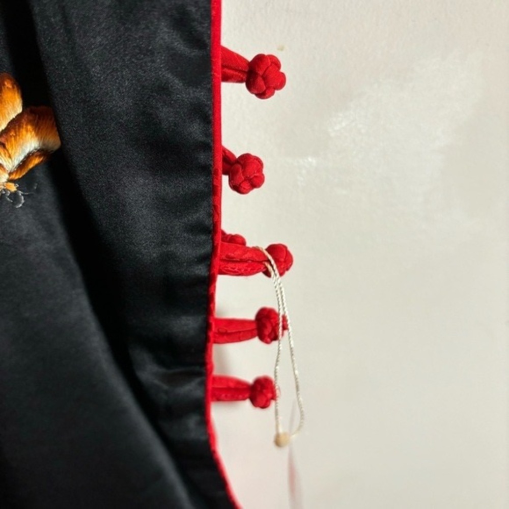 Black Satin Dress with Red Trim and Floral Embroidery - Picture 5 of 6